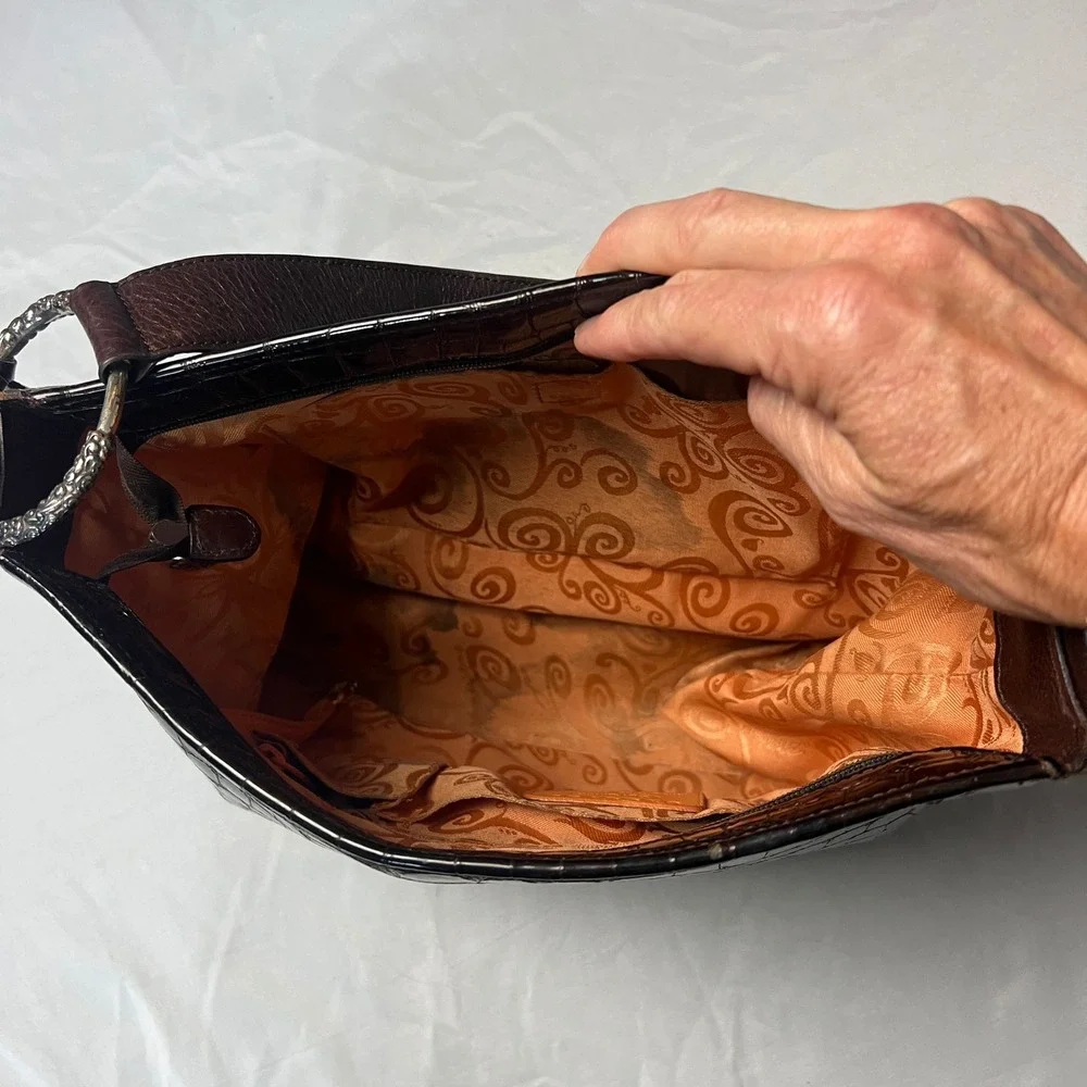 Brighton Croc Cher Embossed Shoulder Bag Brown Faux Leather Silver‎ Detail Hobo